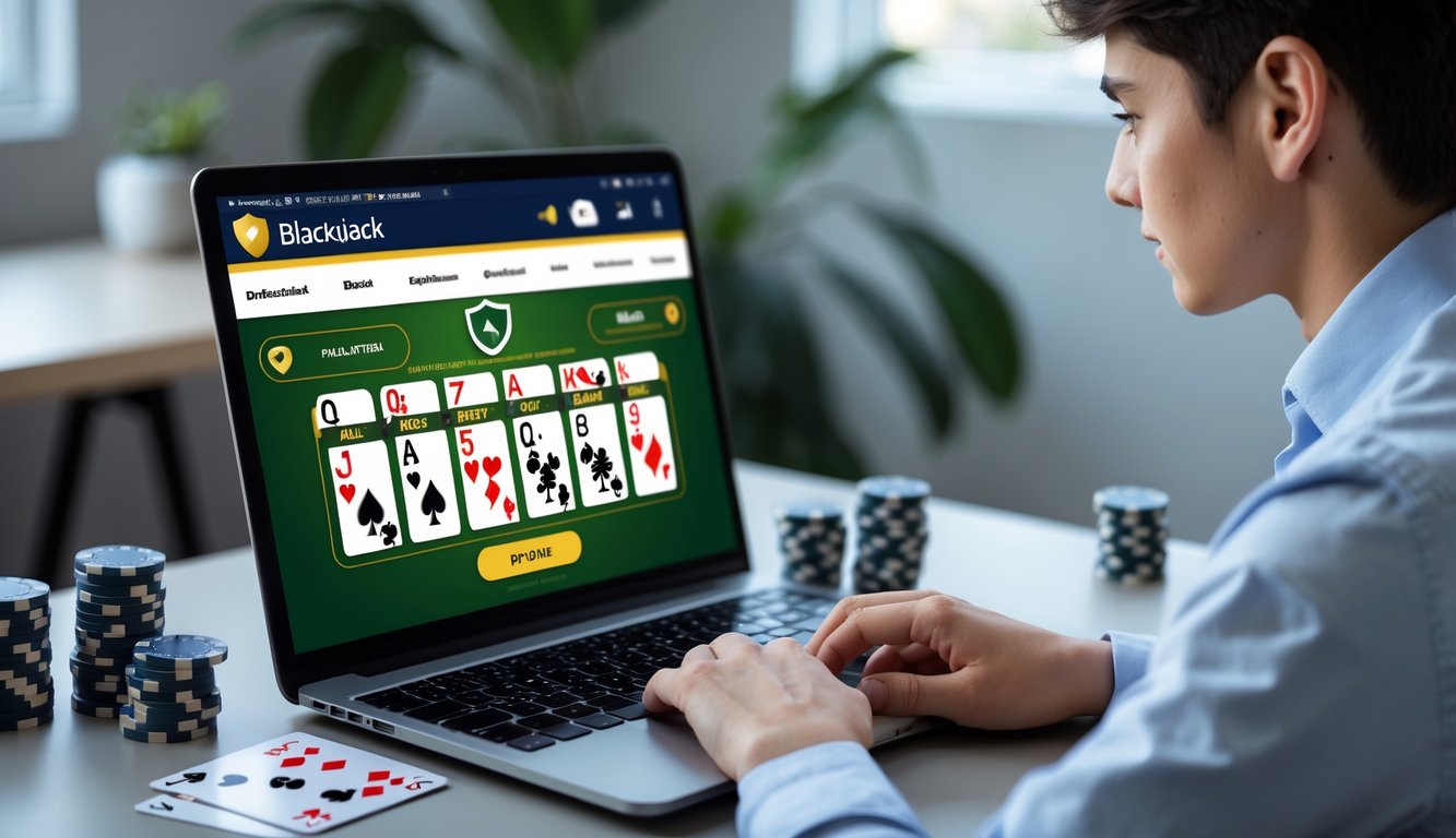 Seorang pemain muda sedang bermain blackjack online di laptop di meja kerja dengan chip poker dan kartu remi di atas meja.