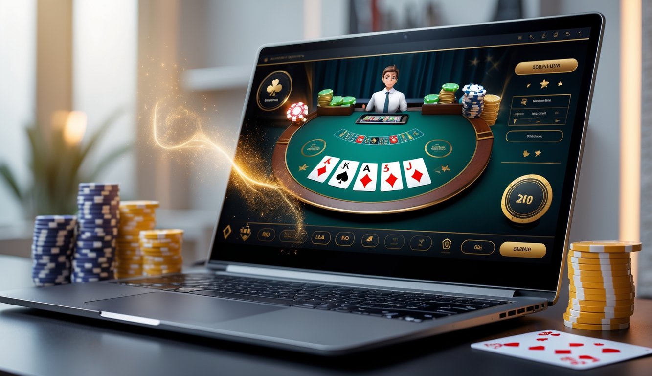 Sebuah komputer dengan layar menampilkan permainan blackjack online, dikelilingi oleh tumpukan chip poker dan kartu remi di meja yang rapi.