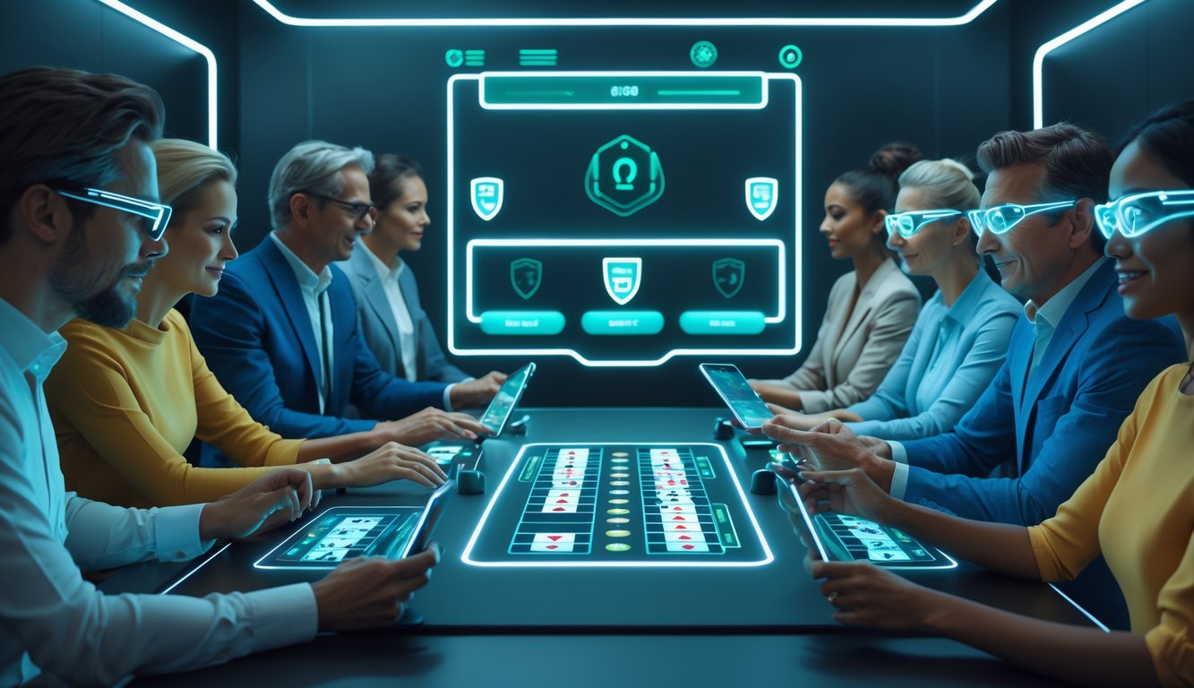 Beberapa orang dewasa bermain blackjack online dengan perangkat futuristik di ruangan modern yang terang dan bergaya futuristik.