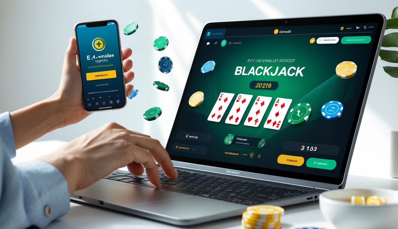 Seseorang menggunakan laptop dan smartphone untuk bermain blackjack online dan melakukan deposit melalui e-wallet dengan mudah.