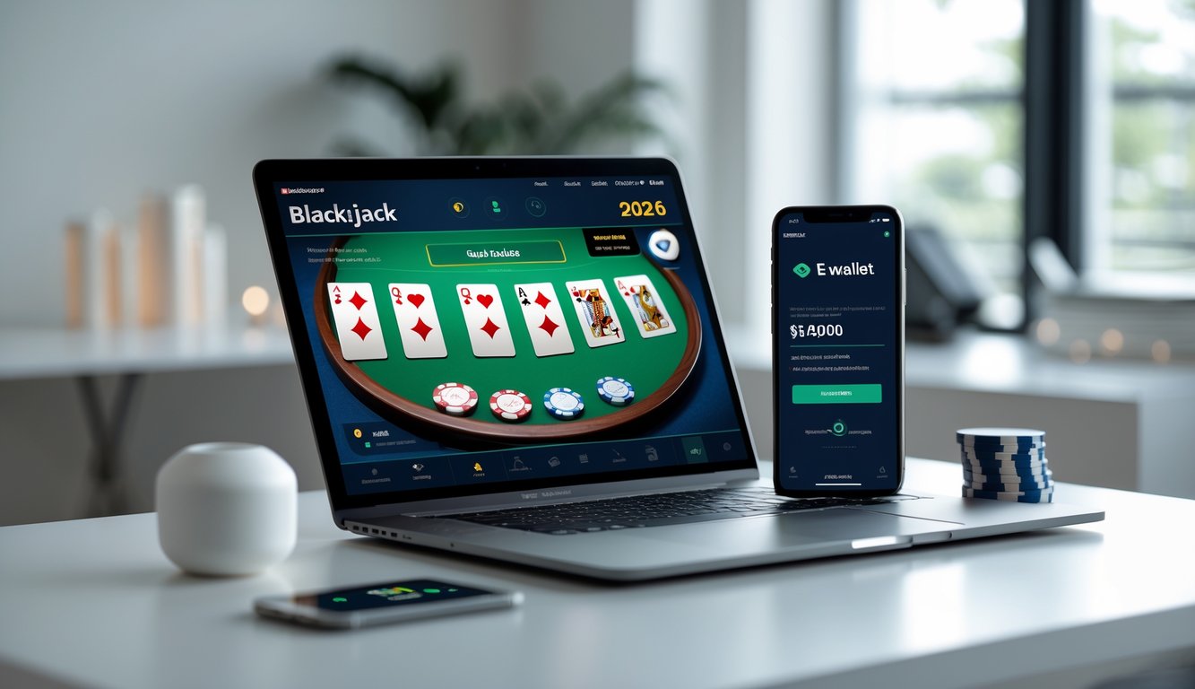 Seorang pengguna sedang bermain blackjack online di laptop dengan ponsel yang menampilkan aplikasi e-wallet di meja kerja yang rapi.