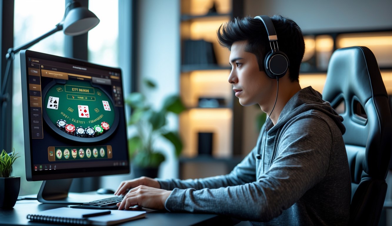 Seorang pria muda duduk di depan komputer dengan meja blackjack digital, terlihat fokus dan serius bermain blackjack online di ruangan yang nyaman.