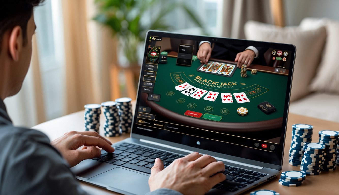 Seorang pemain sedang bermain blackjack online di depan komputer dengan tumpukan chip dan kartu terlihat jelas di layar.