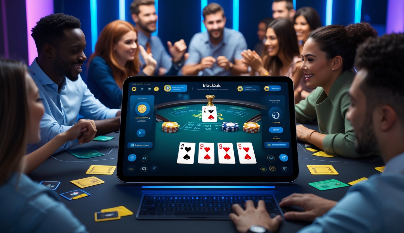 Orang-orang bermain blackjack online di depan layar komputer dengan suasana ruangan yang terang dan modern.