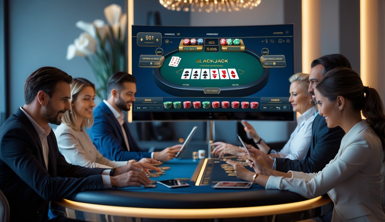 Beberapa orang dewasa bermain blackjack online menggunakan perangkat digital di meja permainan modern dalam ruangan yang terang dan nyaman.