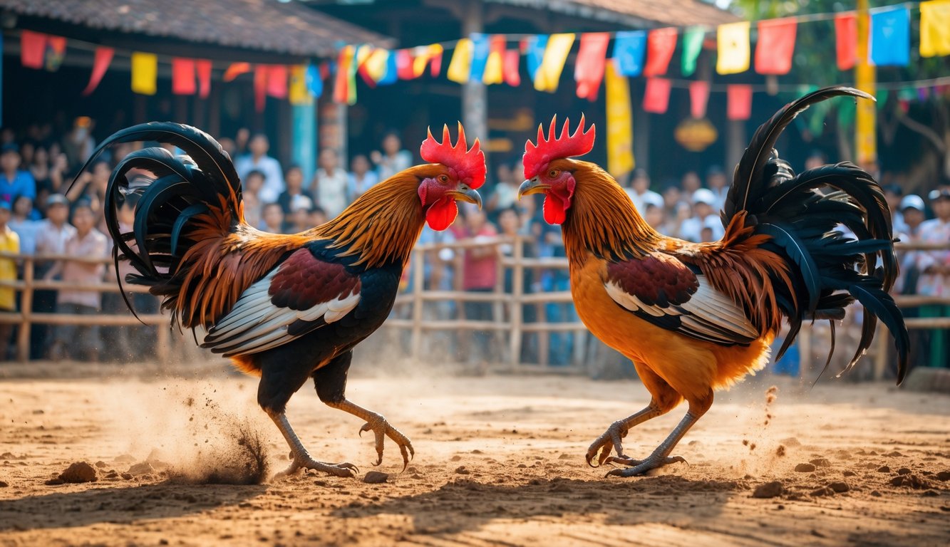 Pertarungan ayam jago di arena terbuka dengan penonton yang antusias di latar belakang.