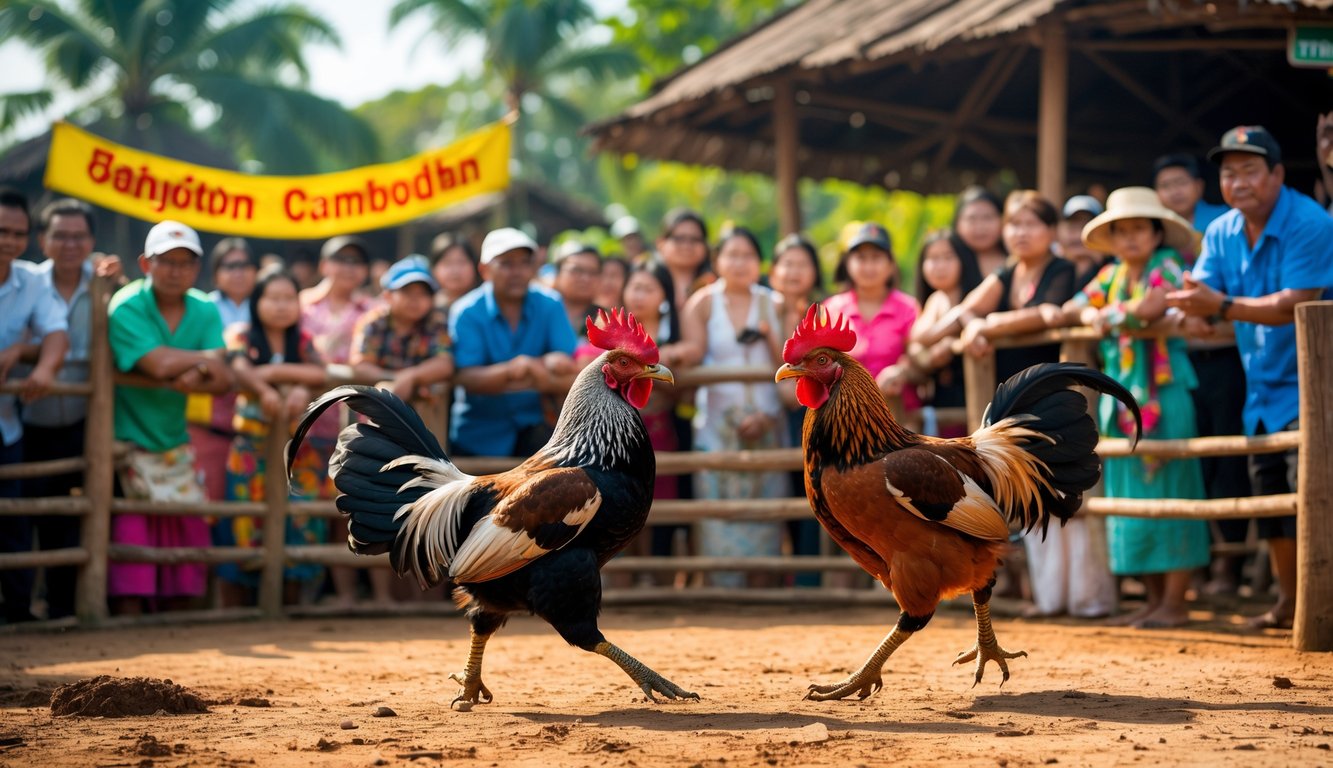 Pertandingan sabung ayam tradisional di luar ruangan dengan dua ayam bertarung dan penonton yang antusias di sekelilingnya.
