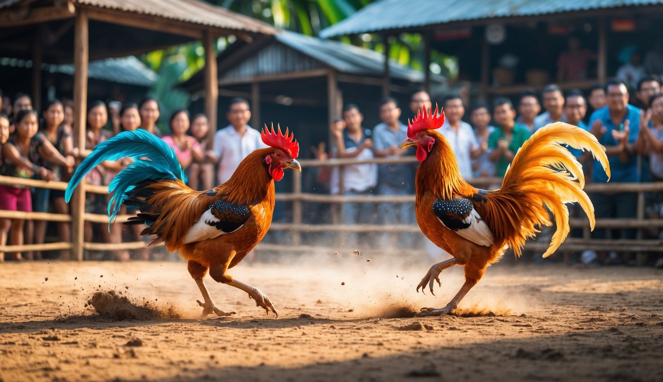 Dua ayam aduan sedang bertarung di arena terbuka dengan kerumunan penonton yang antusias di latar belakang.
