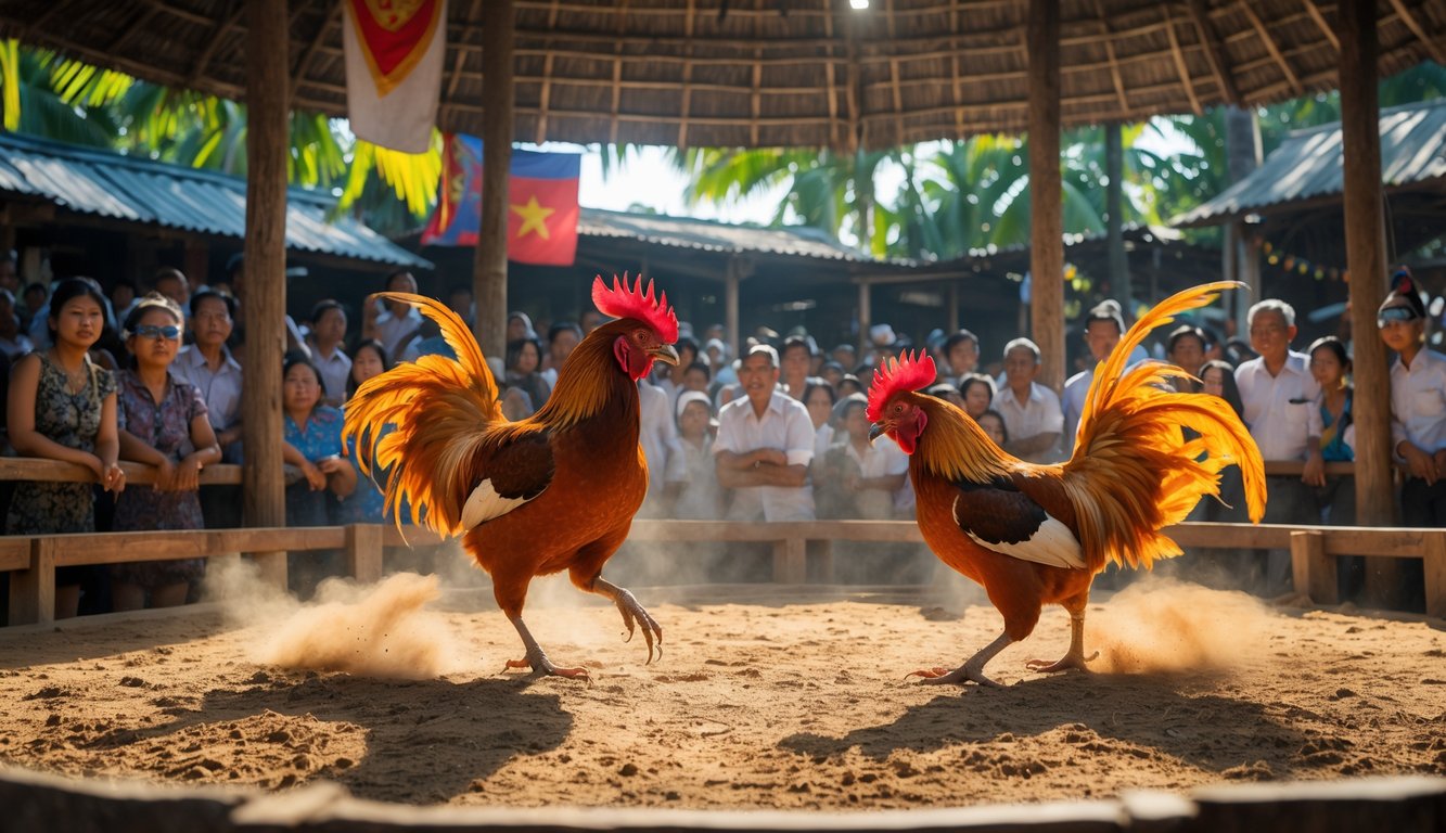 Dua ayam aduan sedang bertarung di arena tradisional dengan penonton ramai di sekelilingnya di Kamboja.