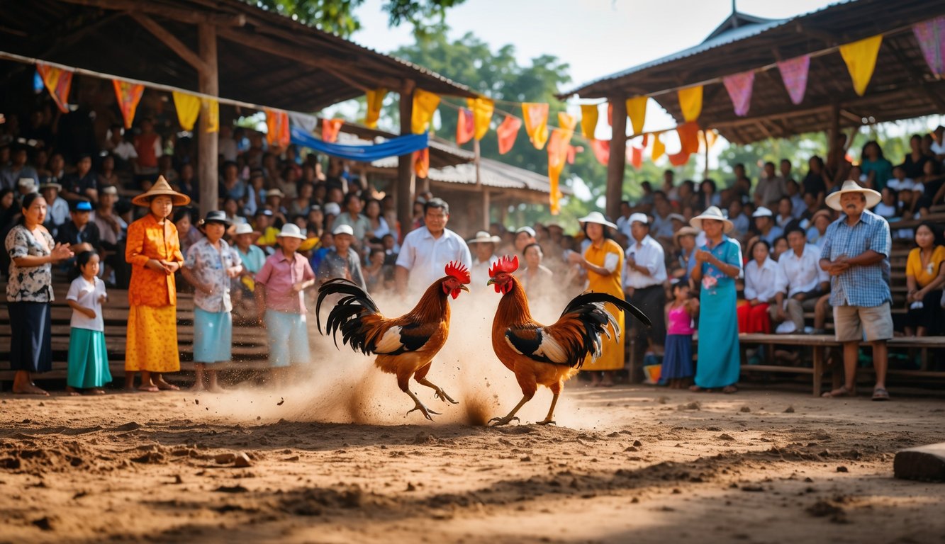 Kerumunan orang menonton pertandingan sabung ayam tradisional di arena terbuka di Kamboja.