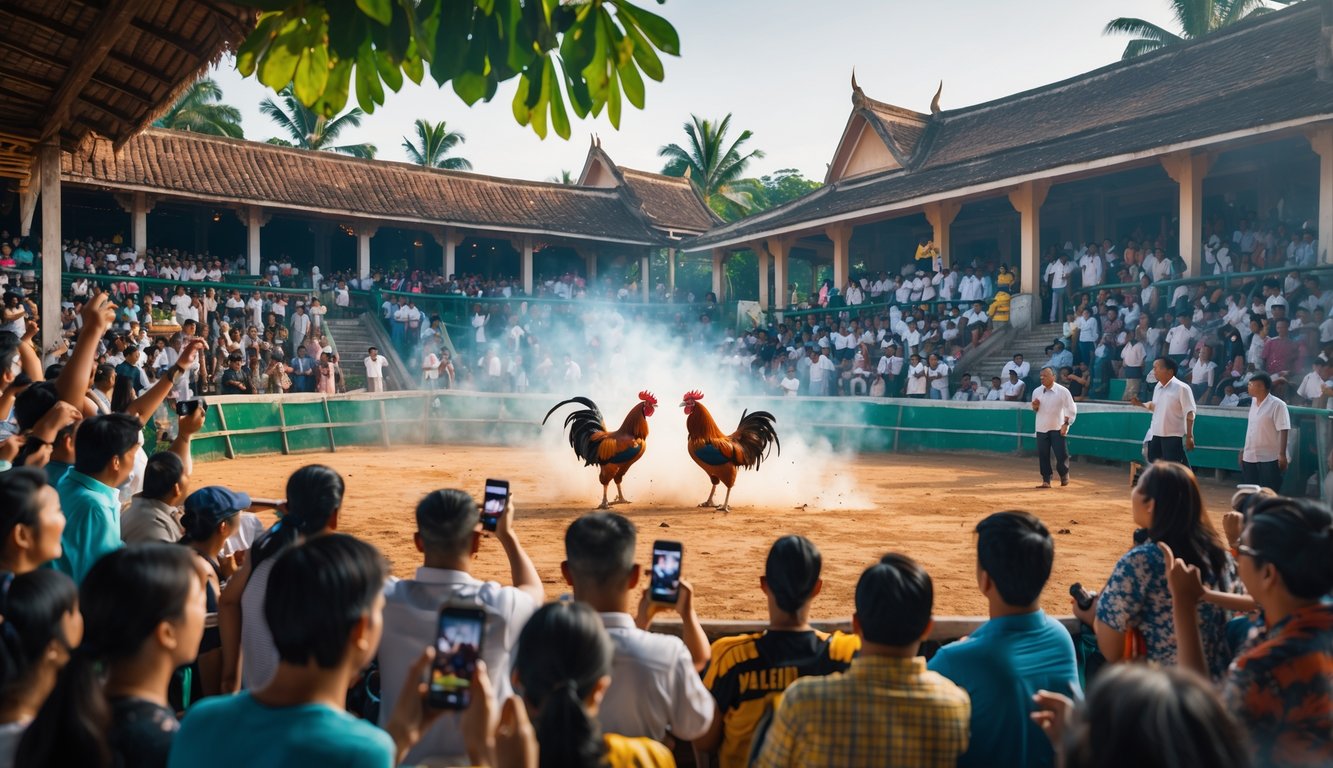 Kerumunan orang menonton pertarungan ayam di arena tradisional Kamboja dengan latar belakang pepohonan tropis dan bangunan khas.