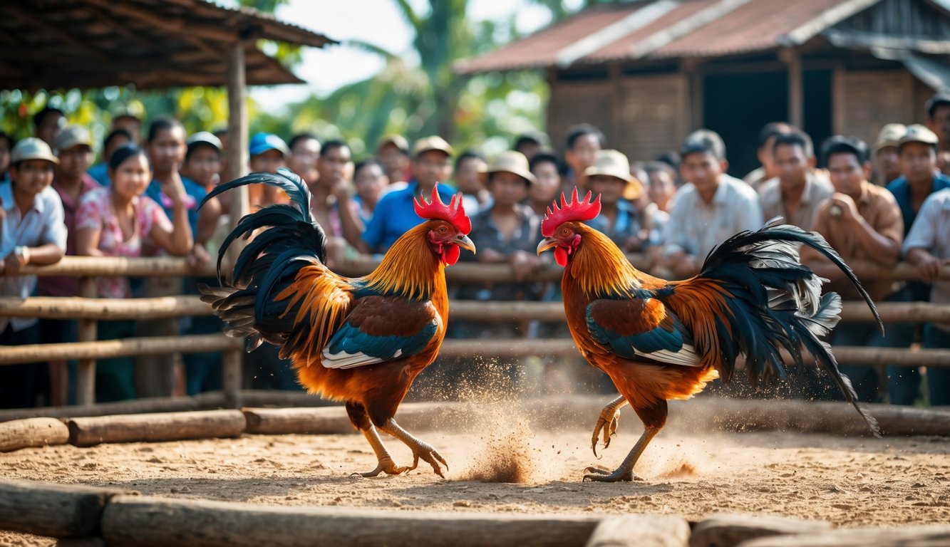 Dua ayam jago sedang bertarung di arena terbuka dengan kerumunan penonton yang antusias di sekitarnya.