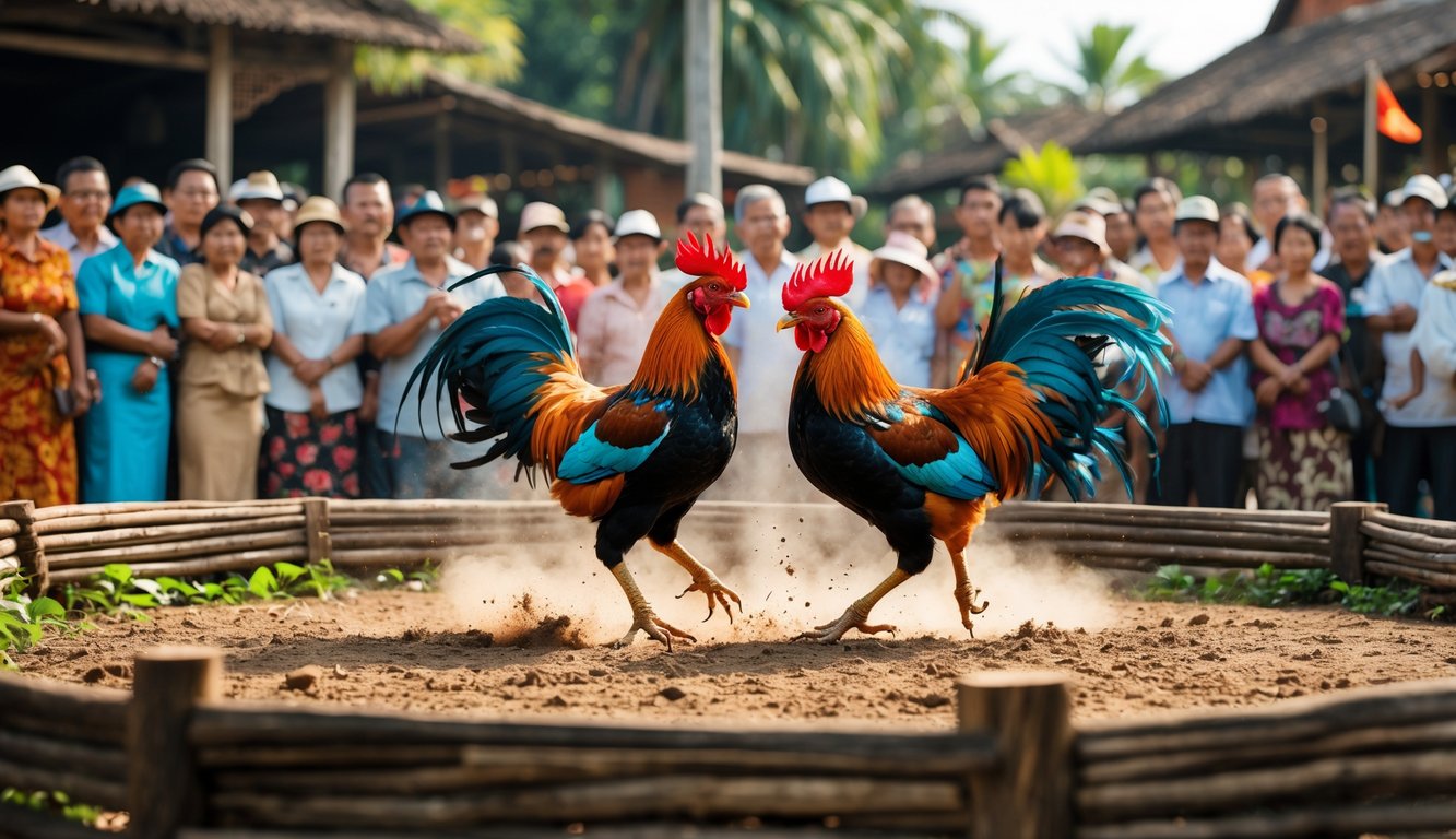 Dua ayam jago sedang bertarung di arena kayu dengan penonton yang antusias di sekelilingnya di luar ruangan.