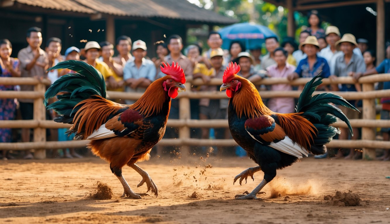 Dua ayam jantan sedang bertarung di arena dengan penonton yang antusias di sekelilingnya.
