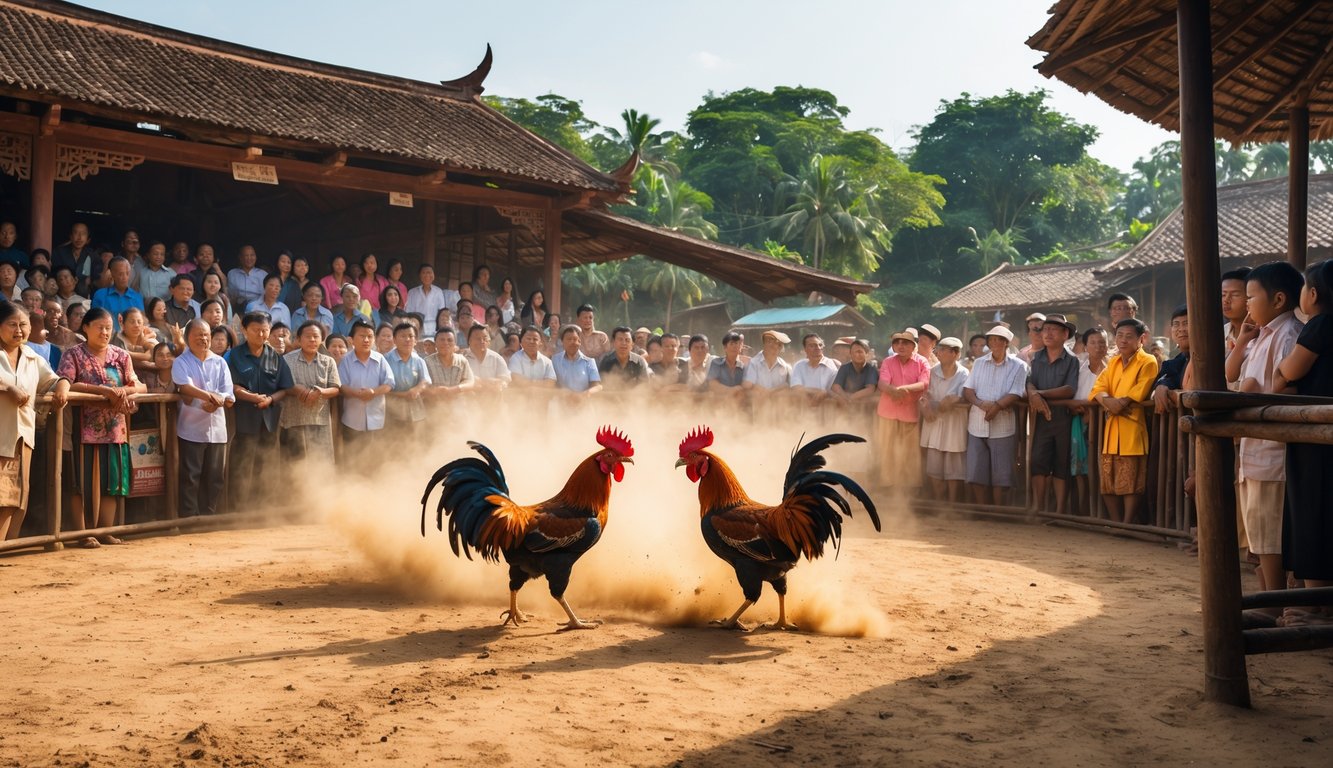 Arena sabung ayam tradisional di Kamboja dengan dua ayam jago bertarung di tengah dan penonton yang memperhatikan.
