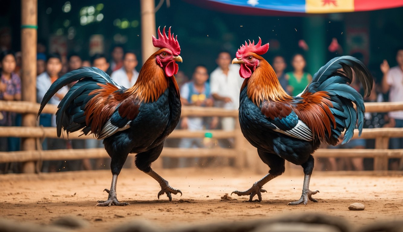 Dua ayam aduan sedang bertarung di arena dengan penonton di latar belakang.