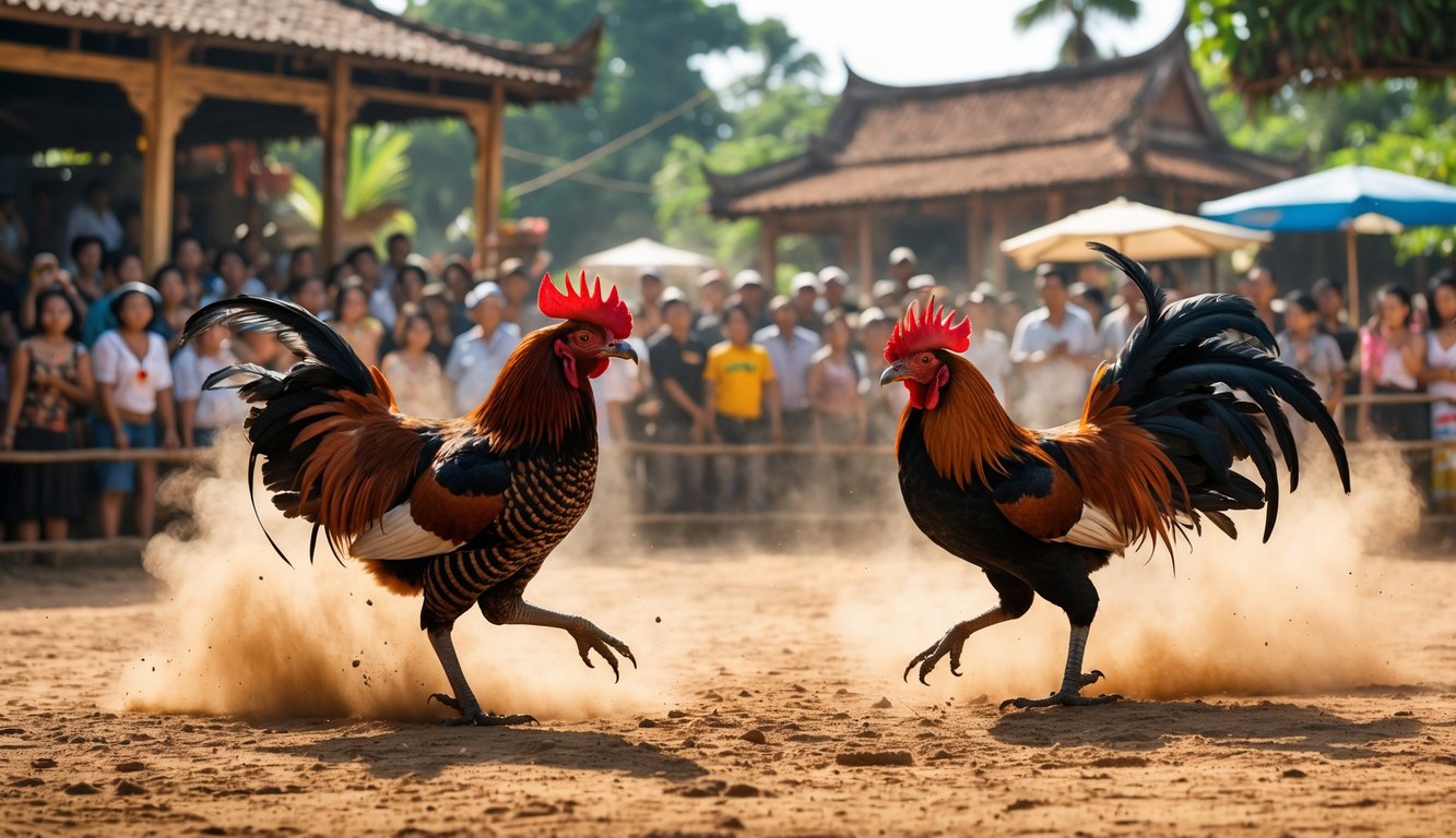 Dua ayam laga sedang bertarung di arena terbuka dengan penonton menyaksikan di sekitarnya.