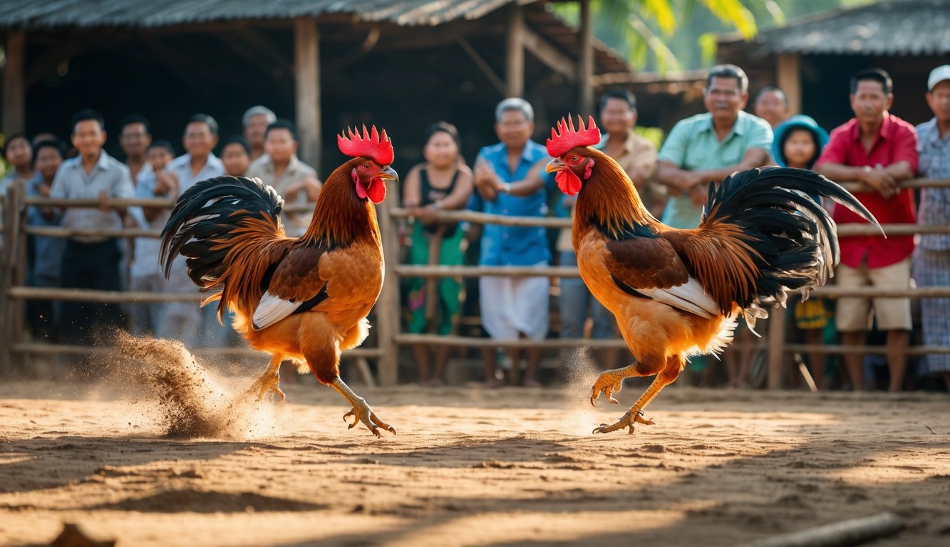 Dua ayam jago sedang bertarung di arena terbuka dengan penonton yang antusias menyaksikan di sekitarnya.