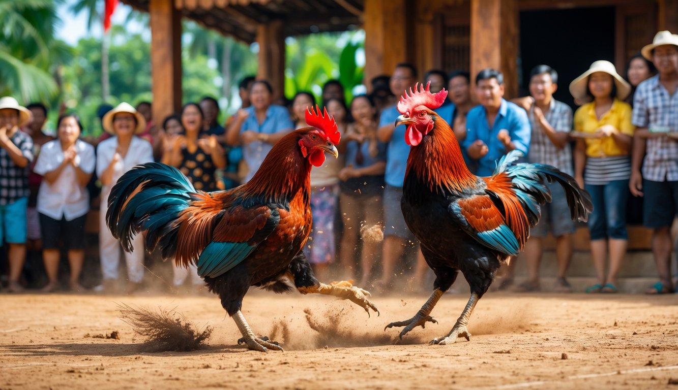 Suasana arena sabung ayam di Kamboja dengan dua ayam jago sedang bertarung dan penonton yang antusias mengelilingi arena.