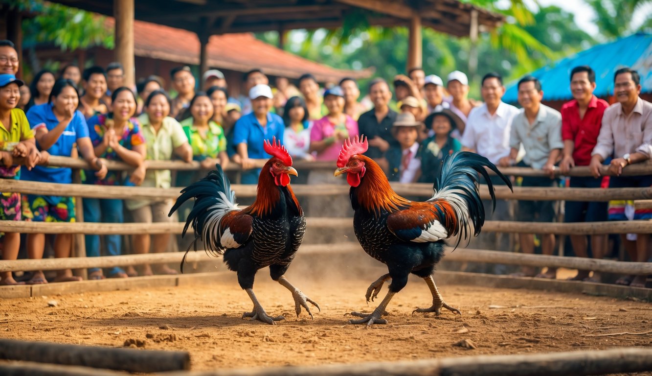 Pertandingan sabung ayam tradisional di Kamboja dengan dua ayam jantan bertarung di arena kayu dikelilingi oleh penonton yang antusias.