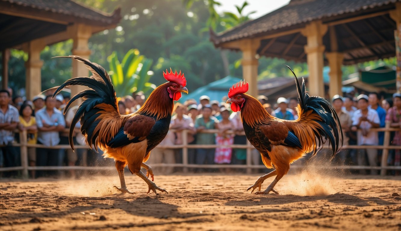Dua ayam jago sedang bertarung di arena terbuka dengan penonton di latar belakang dan suasana tradisional Kamboja.