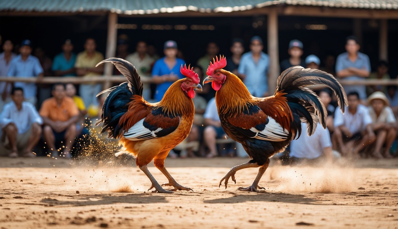 Dua ayam jago sedang bertarung di arena terbuka dengan penonton di latar belakang yang memperhatikan dengan serius.