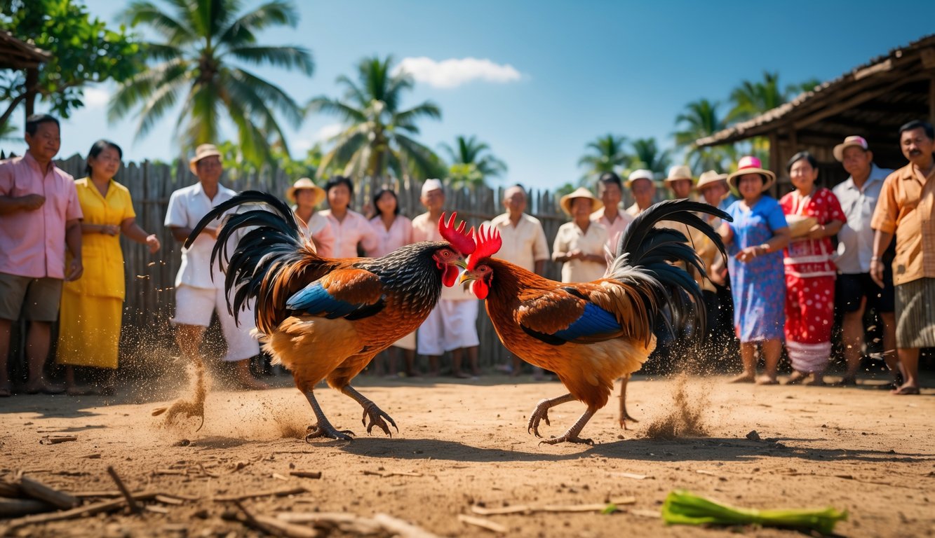 Pertarungan ayam jago tradisional di luar ruangan dengan penonton yang antusias di latar belakang.