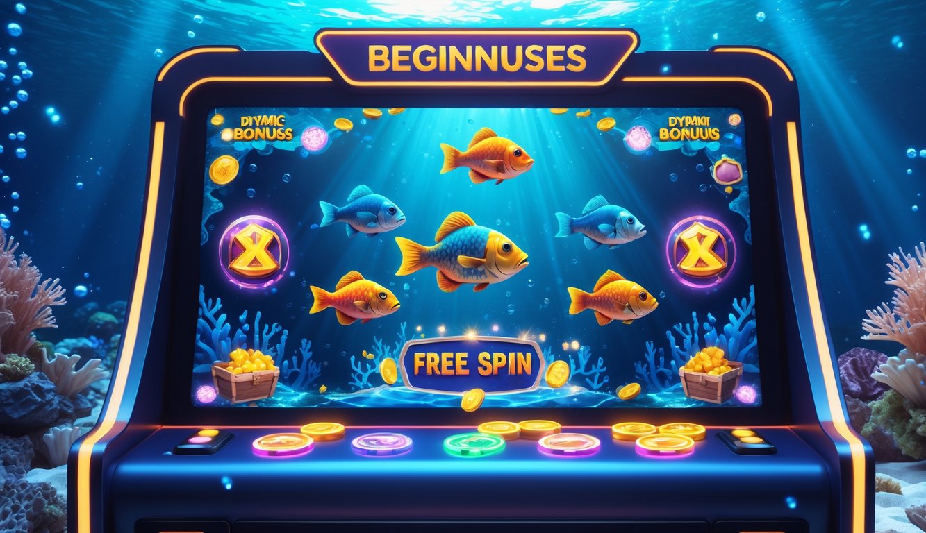 Mesin permainan ikan digital dengan ikan berwarna-warni dan koin bersinar di latar bawah laut.