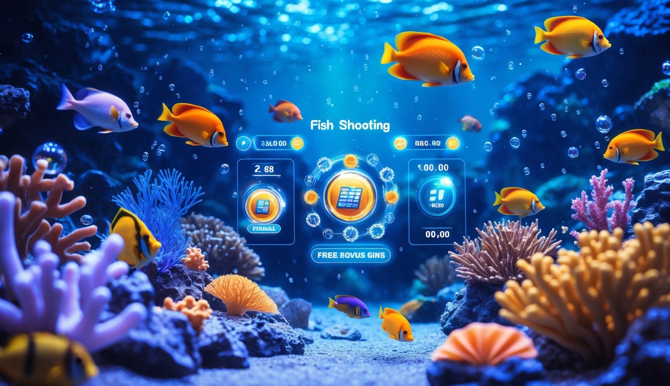 Pemandangan bawah laut berwarna-warni dengan berbagai ikan tropis dan karang, menunjukkan suasana permainan tembak ikan dengan efek cahaya yang dinamis.