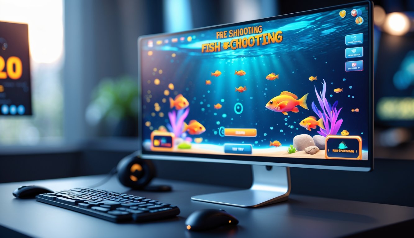 Sebuah meja komputer dengan layar menampilkan permainan tembak ikan berwarna-warni, dikelilingi oleh perlengkapan gaming di ruangan dengan pencahayaan lembut.