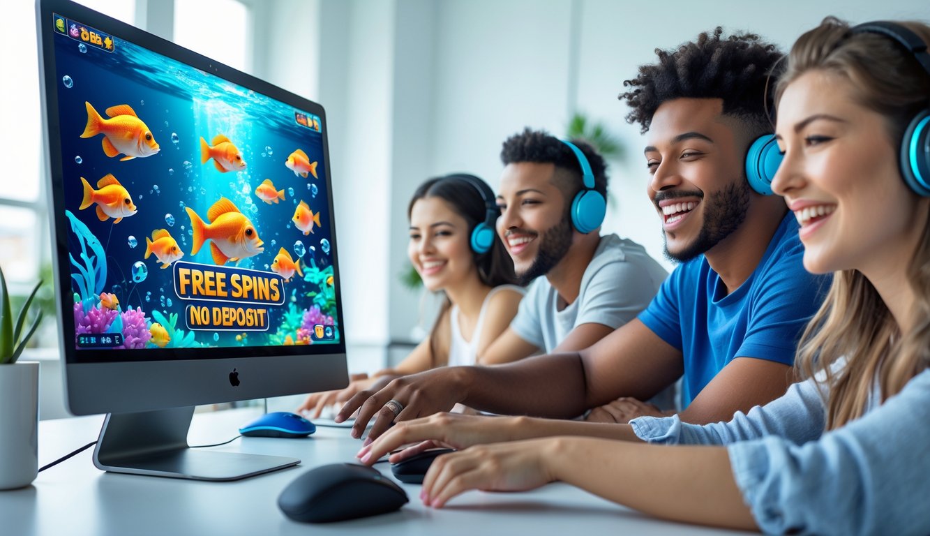 Beberapa orang muda sedang bermain permainan tembak ikan di komputer dengan latar layar penuh warna ikan laut dan efek air.