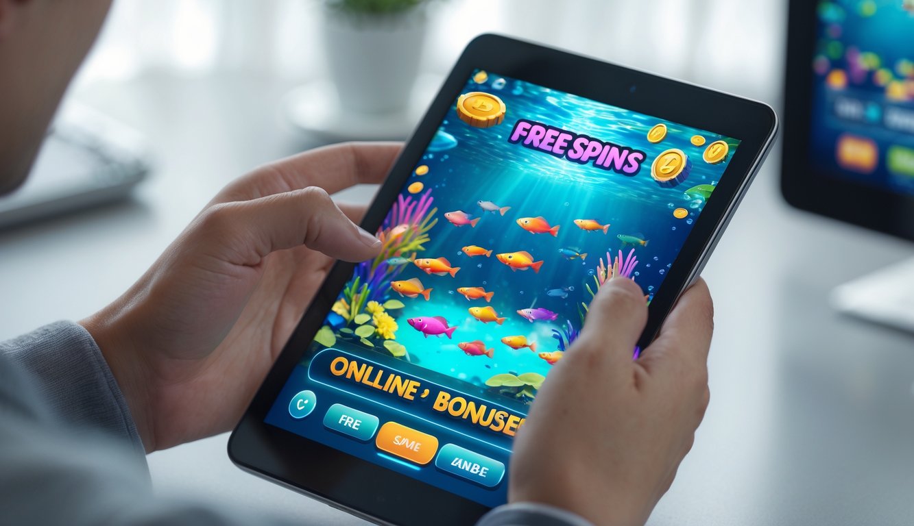 Tangan seseorang sedang memainkan game tembak ikan online di layar ponsel dengan latar belakang buram.
