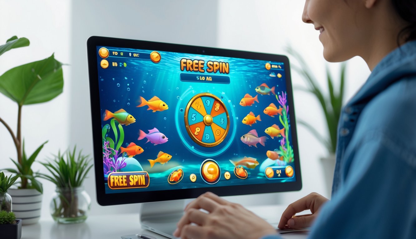Seorang pemain sedang menggunakan perangkat digital untuk bermain game tembak ikan online dengan tampilan layar yang menampilkan ikan berwarna-warni dan simbol putaran gratis.