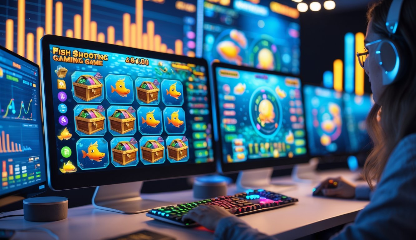 Sebuah setup komputer modern dengan layar menampilkan permainan tembak ikan berwarna-warni dan elemen digital yang menunjukkan statistik dan bonus putaran gratis.