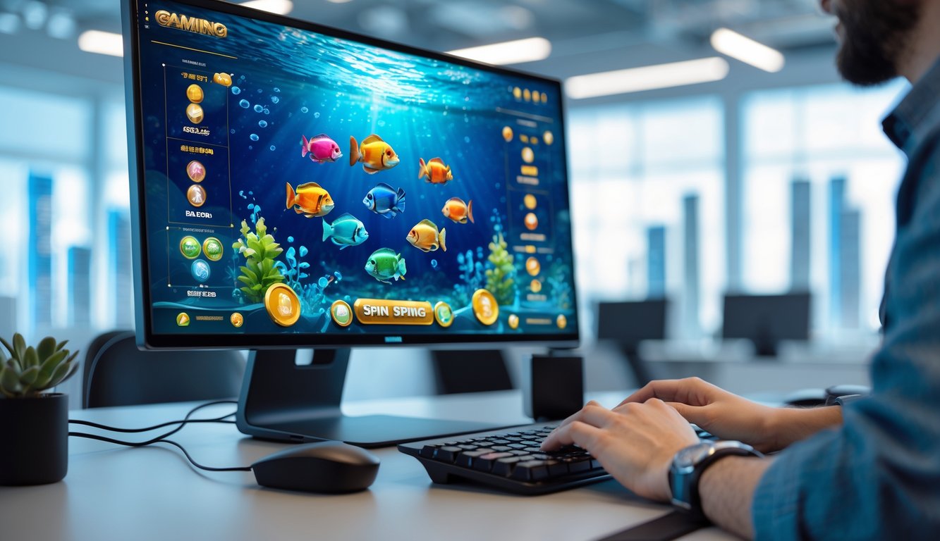 Seseorang sedang bermain permainan tembak ikan di komputer dengan layar menampilkan grafik bawah laut berwarna-warni di sebuah ruang kantor yang terang.