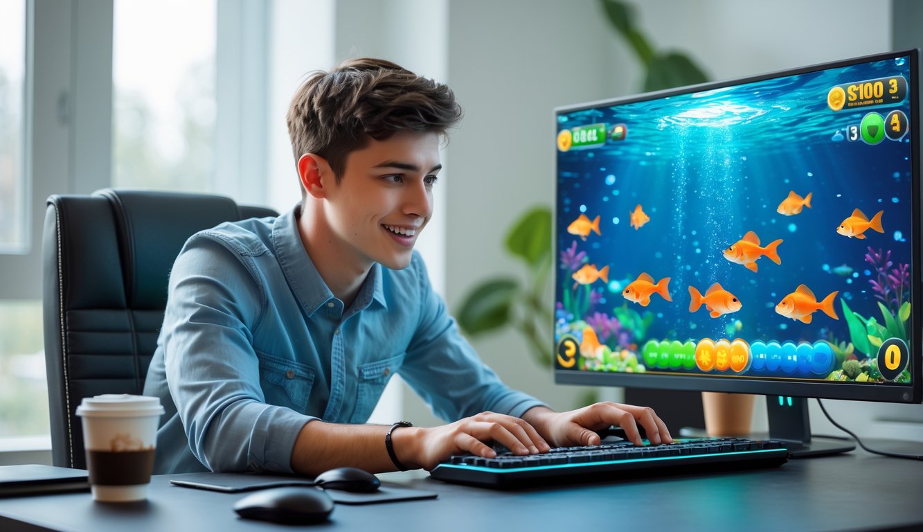 Seorang pria muda sedang fokus bermain permainan tembak ikan di komputer dengan layar menampilkan grafik bawah laut berwarna-warni.