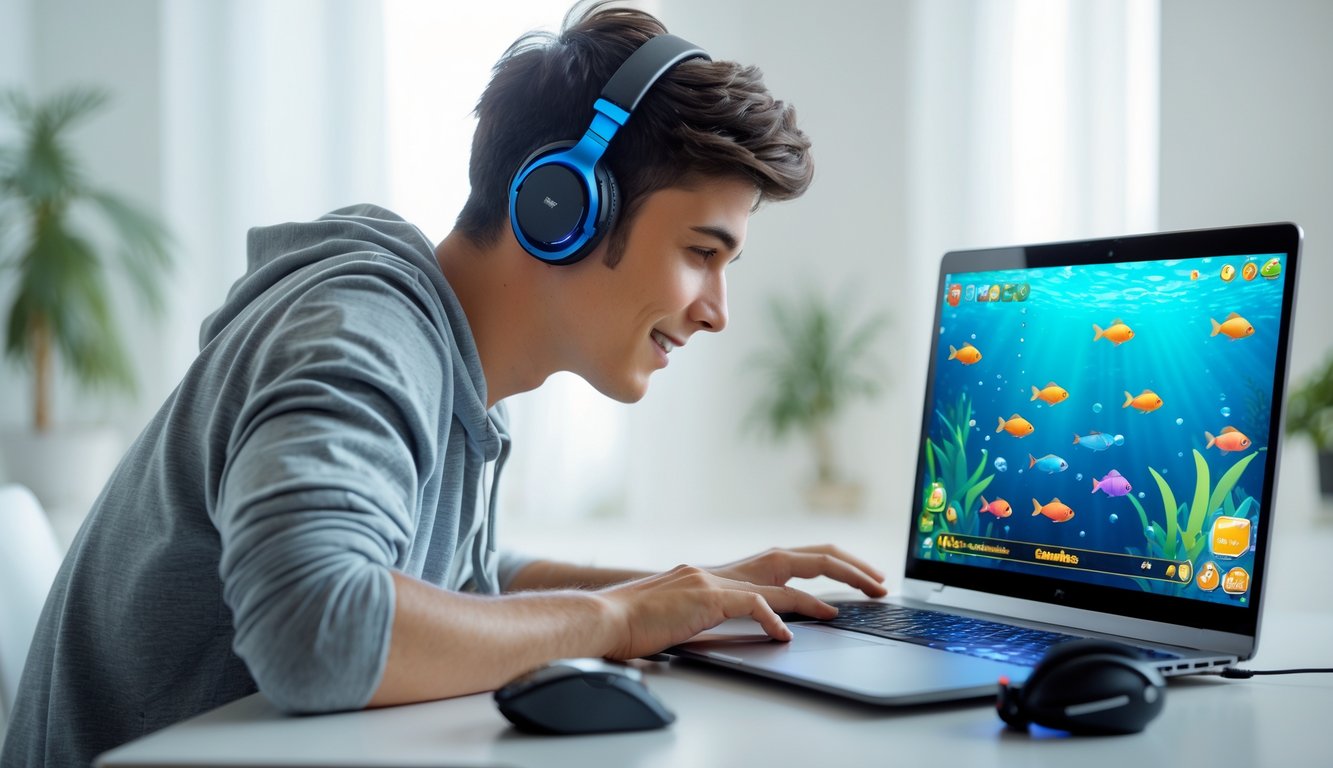 Seorang pria muda sedang fokus bermain permainan tembak ikan di laptop di dalam ruangan yang terang.