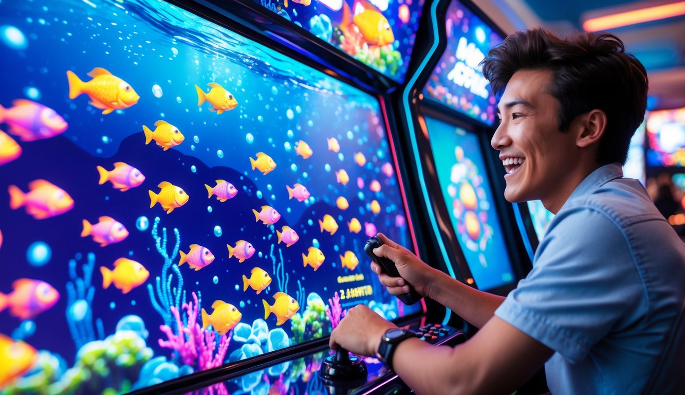 Seorang pemain muda sedang bermain game tembak ikan di depan layar warna-warni dengan latar bawah laut dan ikan-ikan animasi.