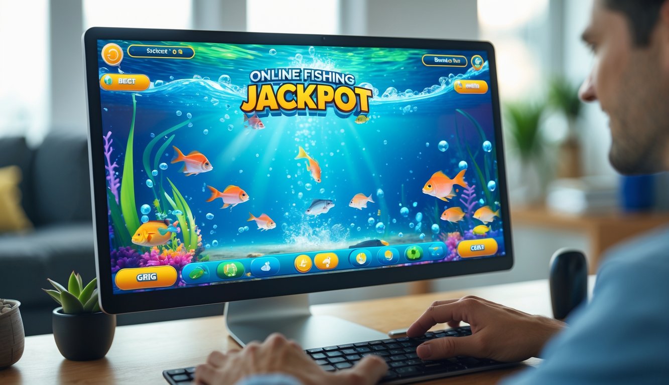 Seorang pemain sedang bermain game tembak ikan di komputer dengan tampilan ikan berwarna-warni di layar.