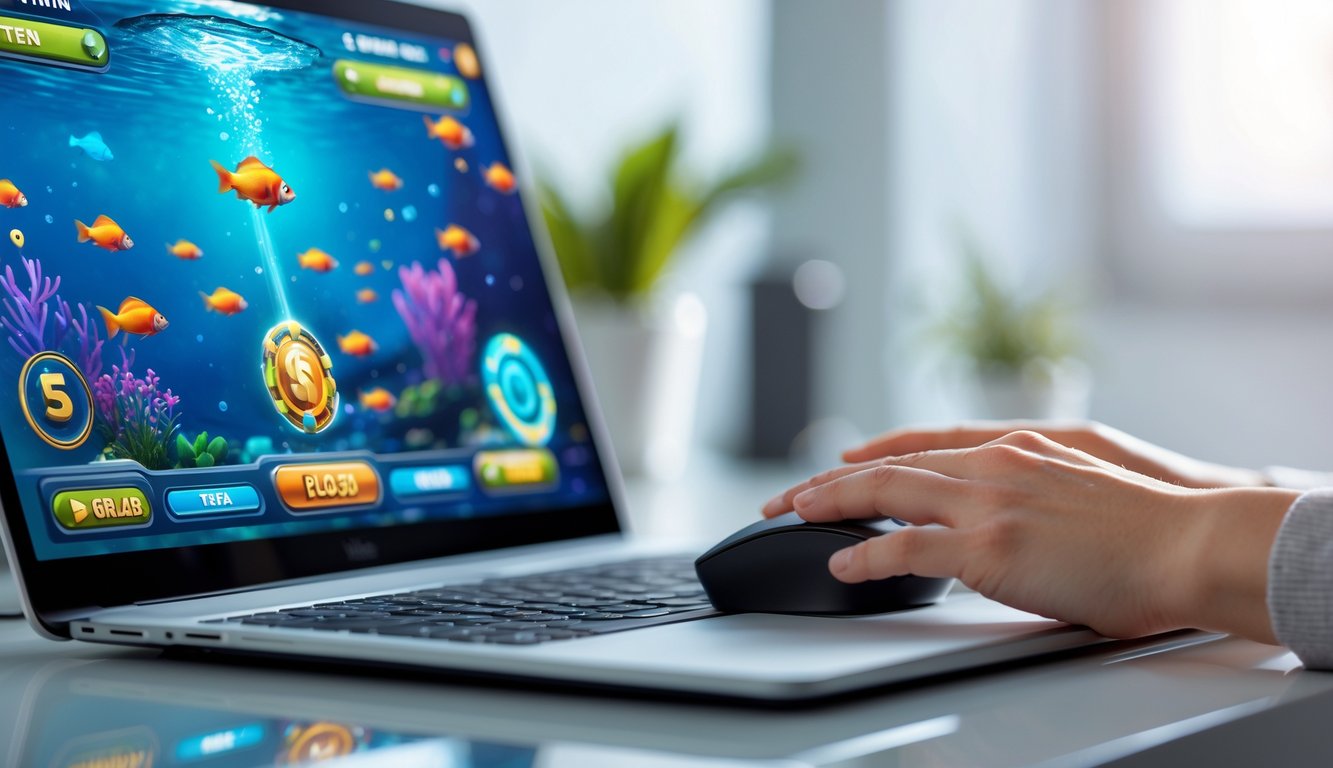 Seseorang bermain game tembak ikan di komputer dengan layar menampilkan ikan warna-warni di bawah laut.