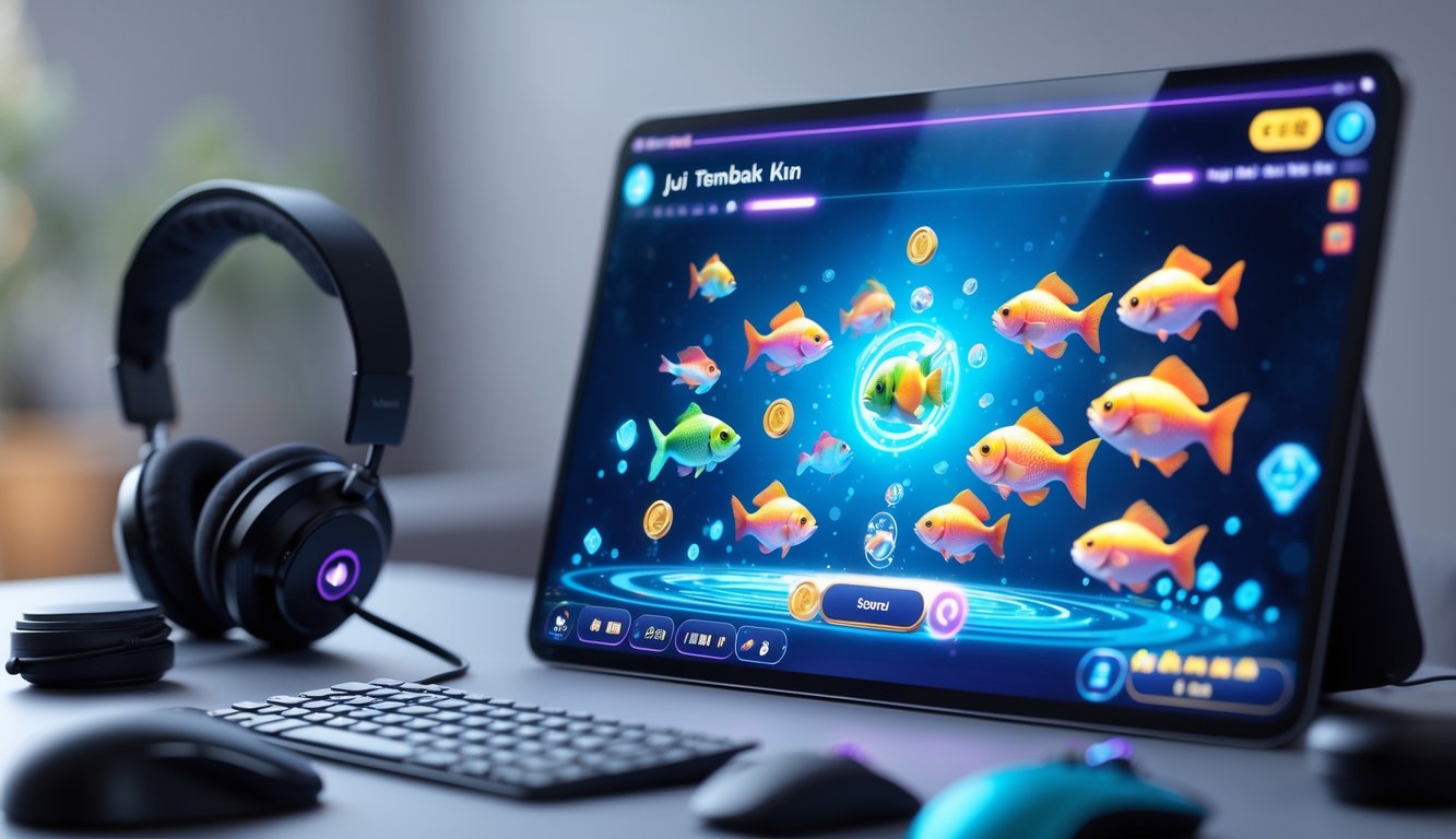 Seseorang sedang bermain permainan judi tembak ikan di layar komputer dengan latar meja kerja yang rapi dan perangkat gaming di sekitarnya.