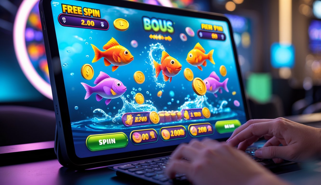 Seseorang menggunakan perangkat digital untuk bermain game tembak ikan dengan animasi ikan berwarna-warni dan ikon bonus di layar.