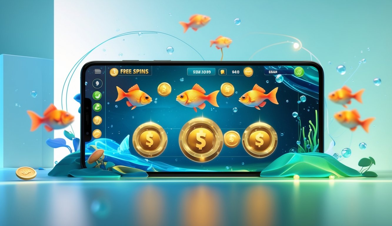 Sebuah perangkat digital menampilkan permainan tembak ikan dengan ikon bonus berputar di layar, dikelilingi efek cahaya dan latar belakang bertema bawah laut.