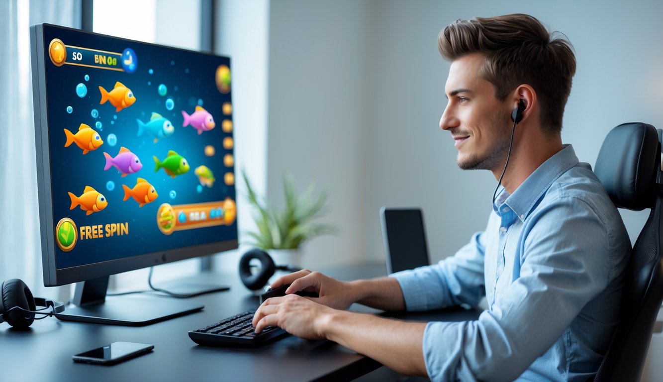 Seorang pria muda fokus bermain permainan tembak ikan di komputer di sebuah ruangan yang terang dan rapi.