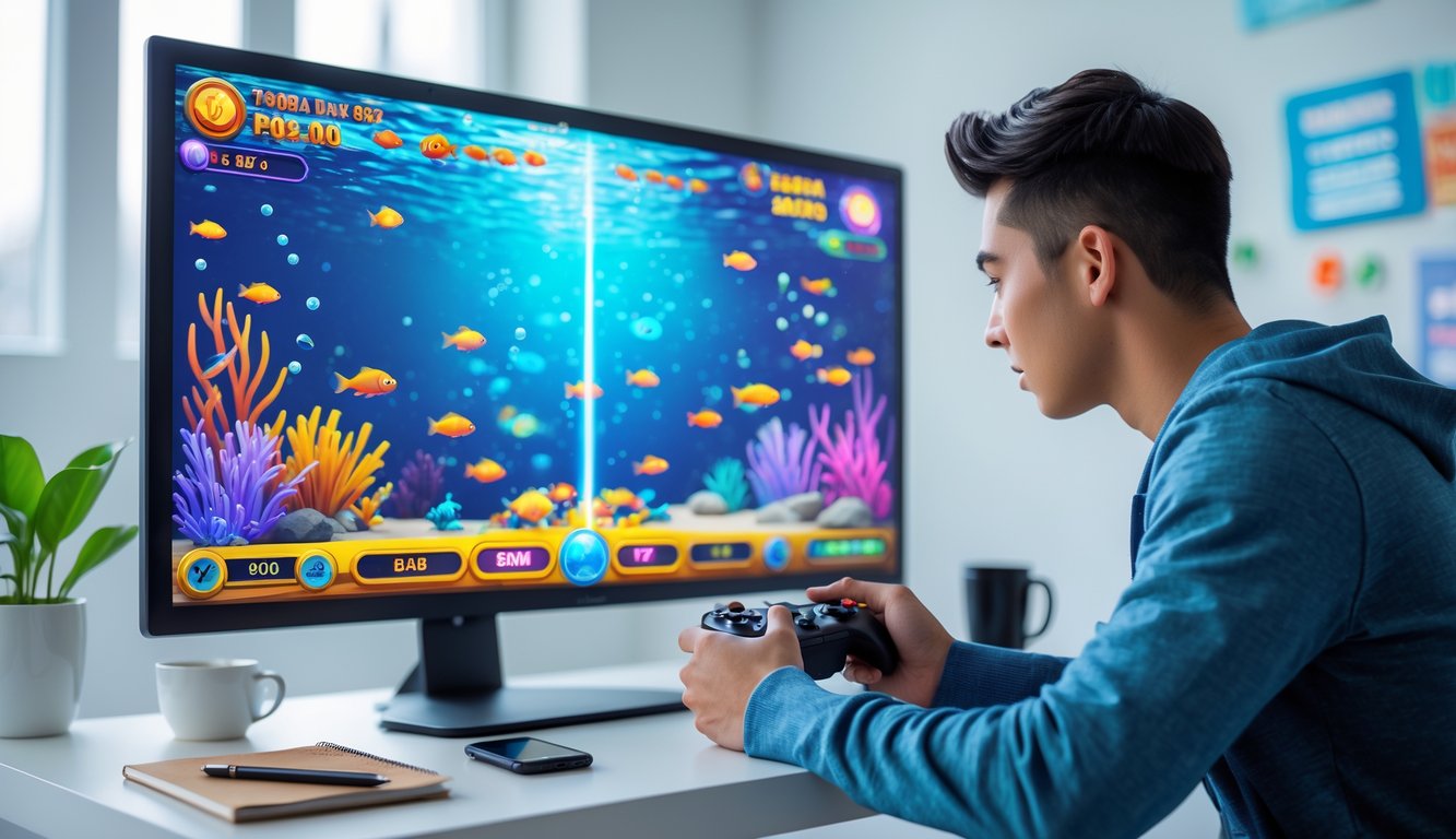 Seorang pria muda sedang bermain game tembak ikan di depan layar digital dengan ekspresi fokus, di meja dengan catatan dan smartphone.