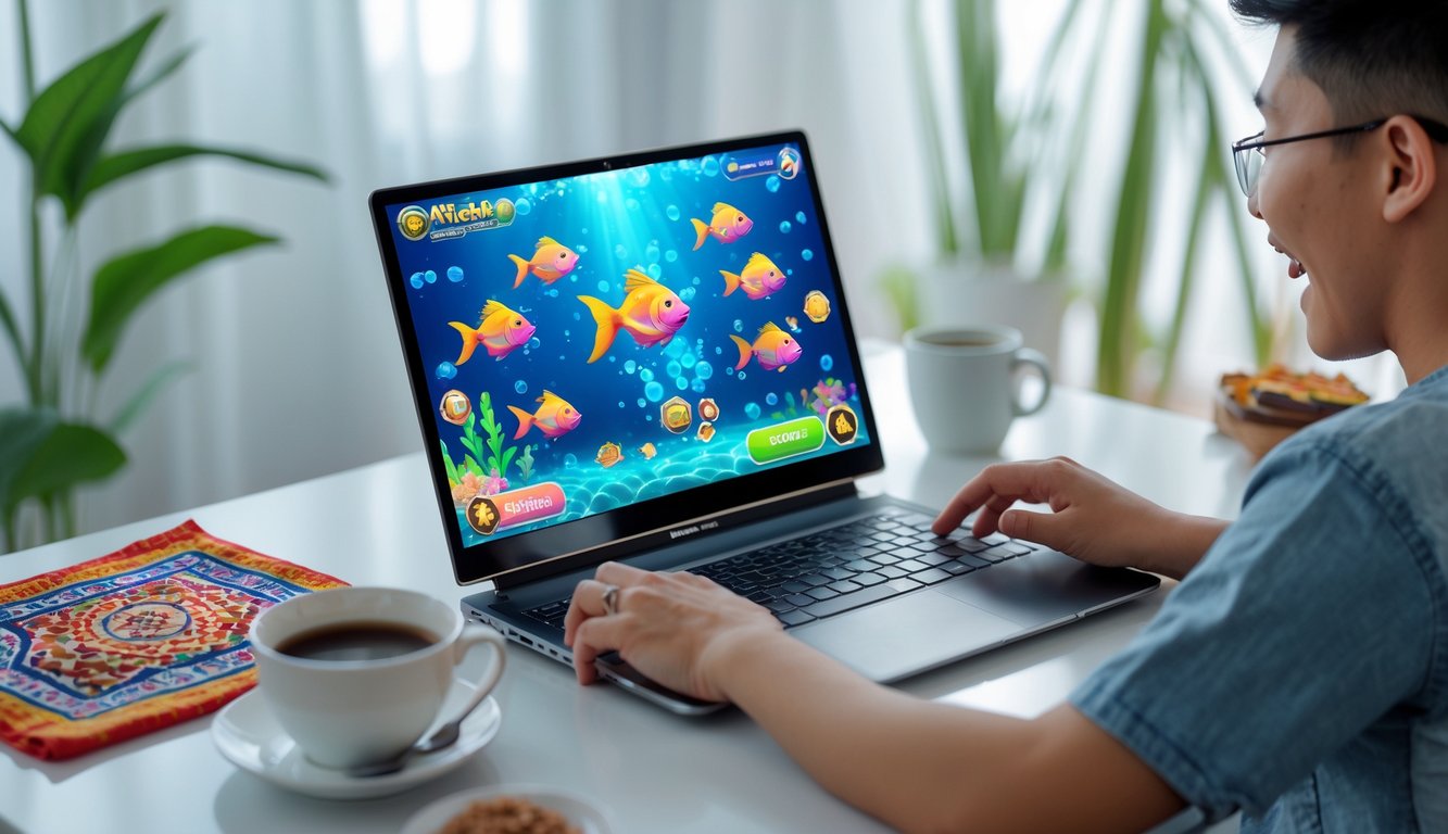 Seseorang sedang bermain game tembak ikan di komputer dengan latar meja kerja yang rapi dan elemen budaya Indonesia di sekitarnya.