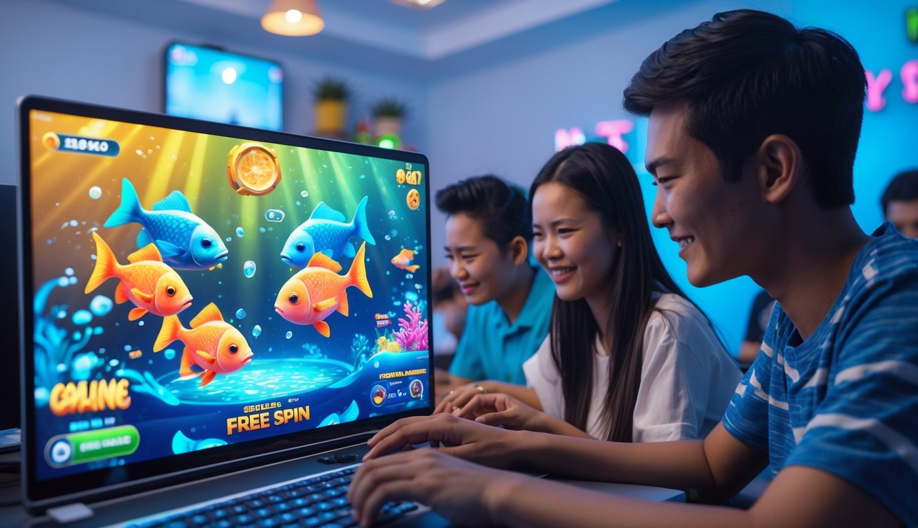 Orang-orang sedang bermain game judi tembak ikan di komputer dengan latar bawah laut berwarna-warni.