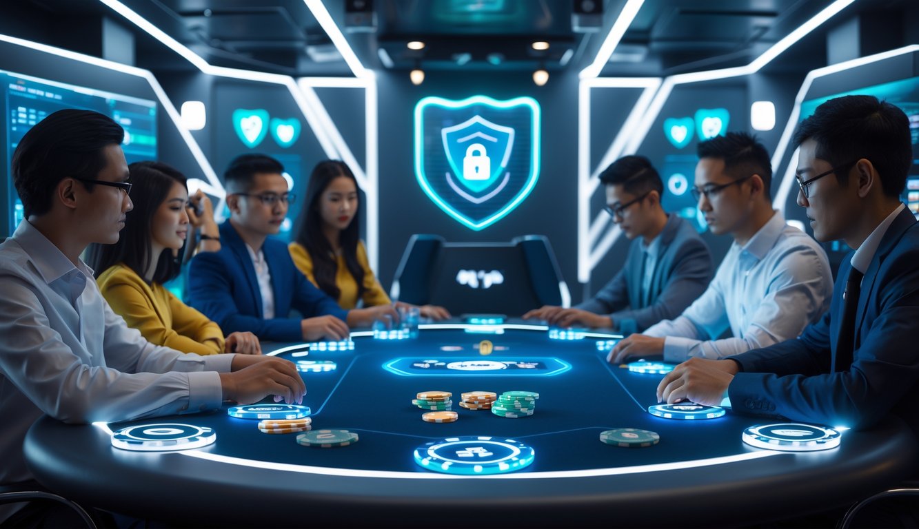 Orang-orang bermain poker online di meja digital dengan latar belakang simbol keamanan dan transaksi cepat.