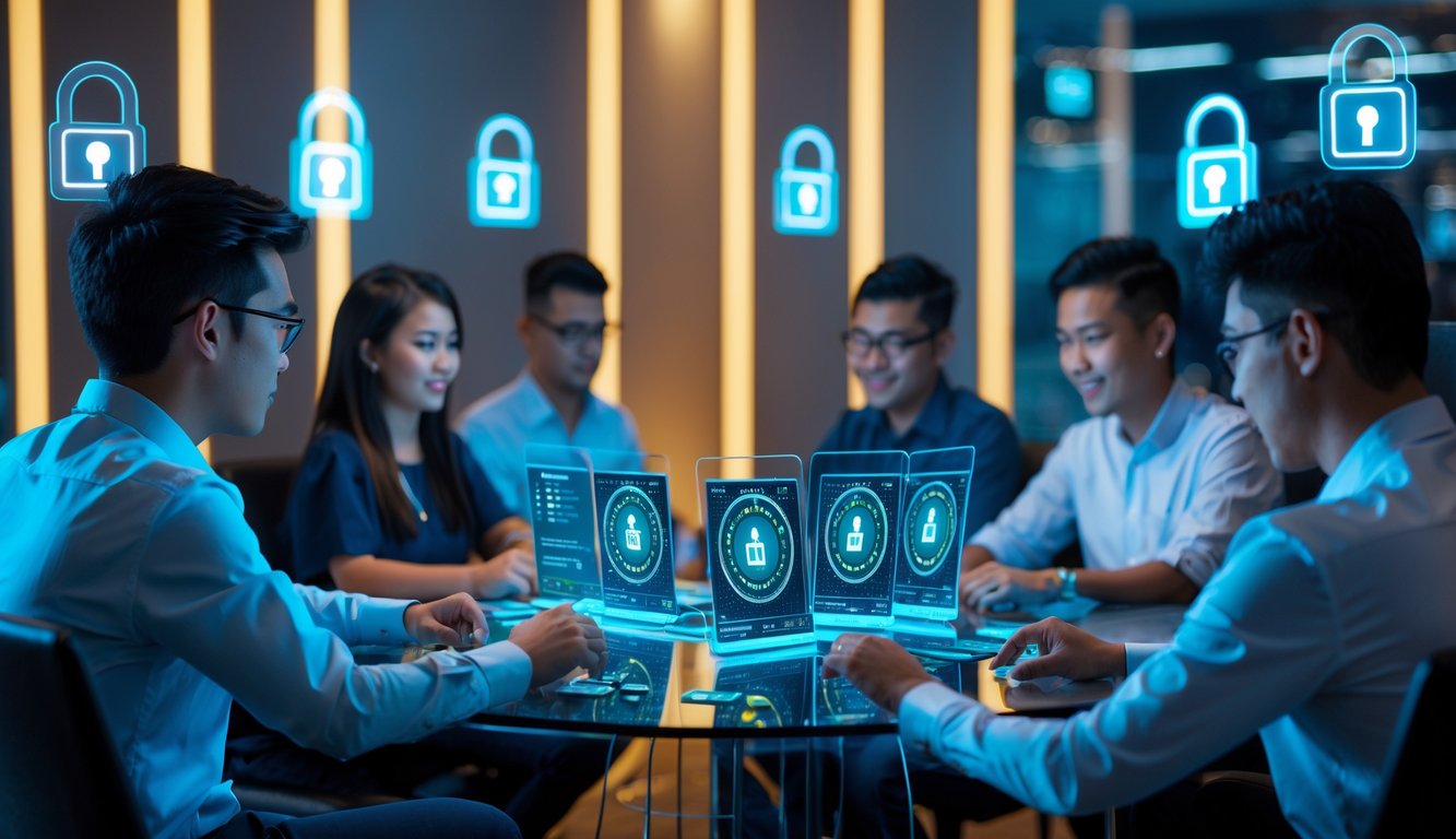 Sekelompok orang muda bermain poker online di meja dengan layar sentuh, di latar belakang terdapat simbol keamanan digital.