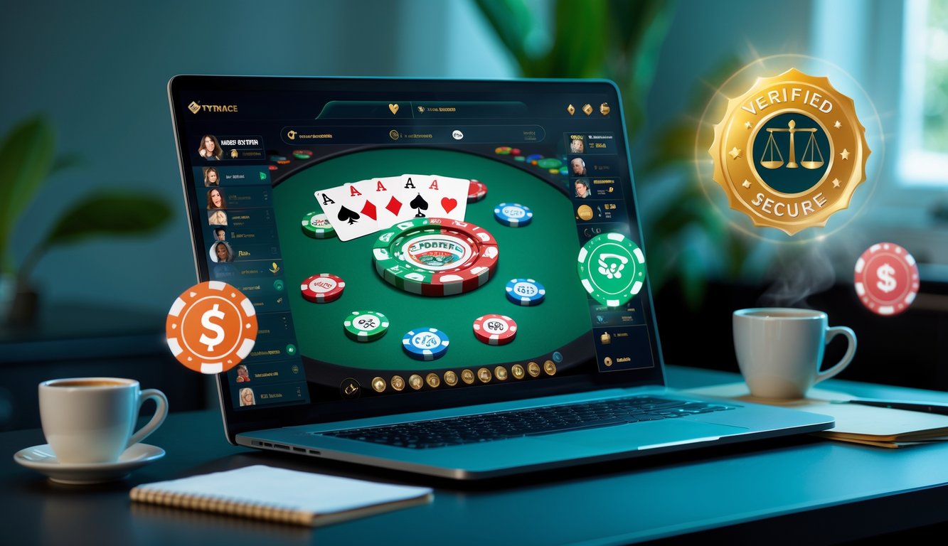 Seseorang bermain poker online di laptop dengan chip dan kartu, di meja kerja yang rapi dan terang.